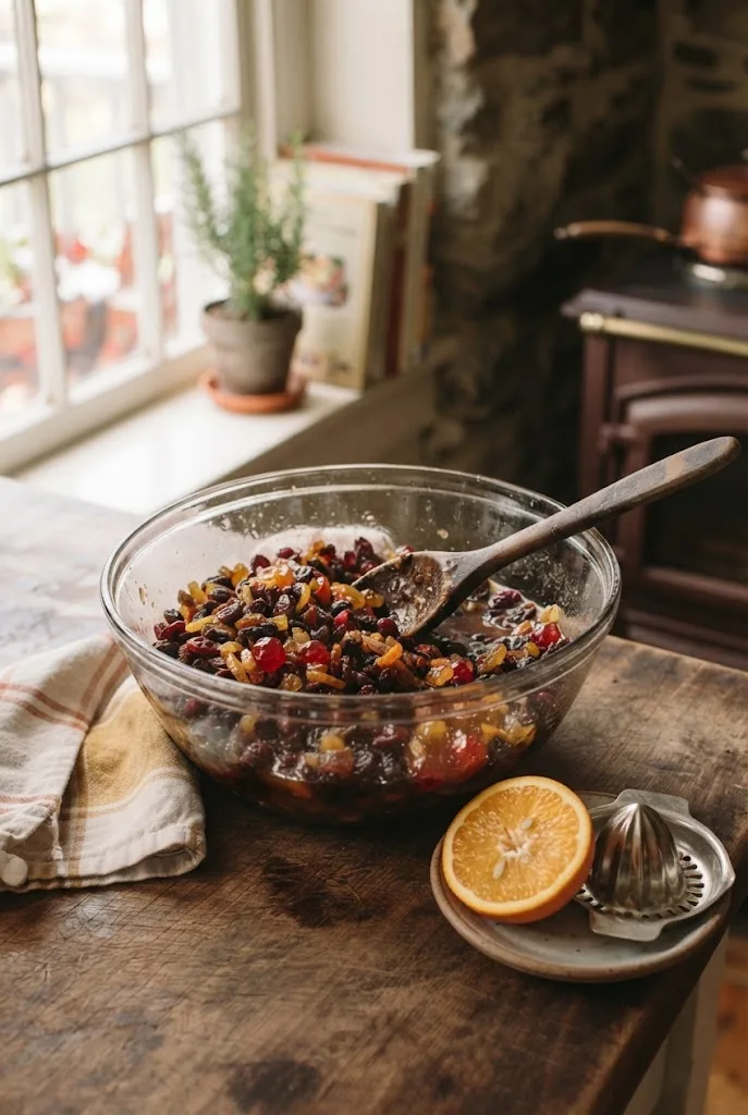Dried fruit soaking in brandy and orange juice in a large glass bowl for Christmas fruit cake