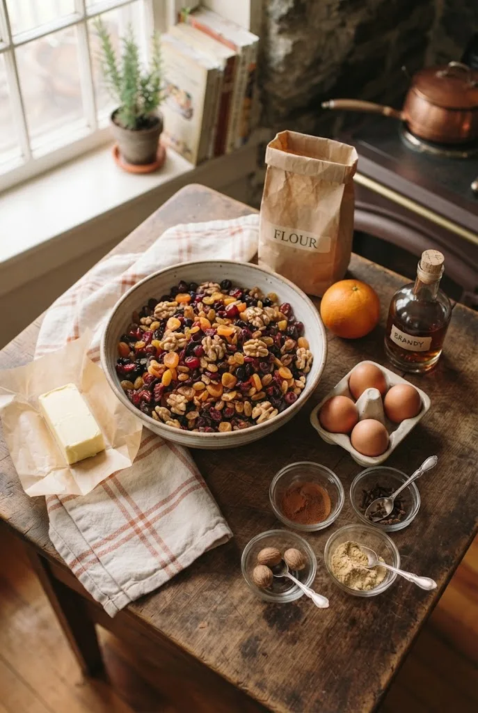 Dried fruit, walnuts, butter, eggs, spices, orange and brandy, the ingredients for Christmas fruit cake