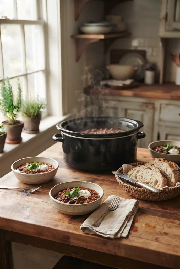 Dinner table with bowls of slow cooker chili, bread and a slow cooker in the center