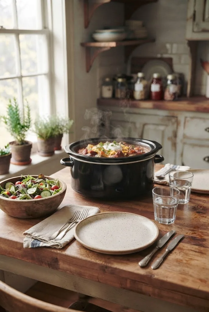 Family dinner table with a slow cooker meal in the center and a side salad