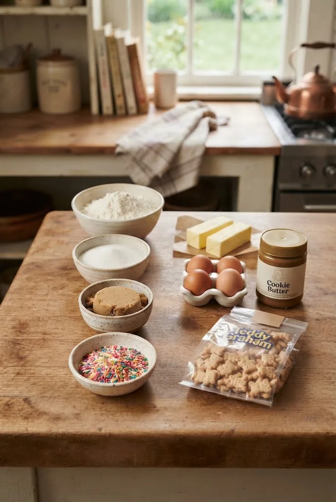 Flour, butter, sugar, eggs, rainbow sprinkles, cookie butter and Teddy Grahams, the ingredients for stuffed cookie butter cookies