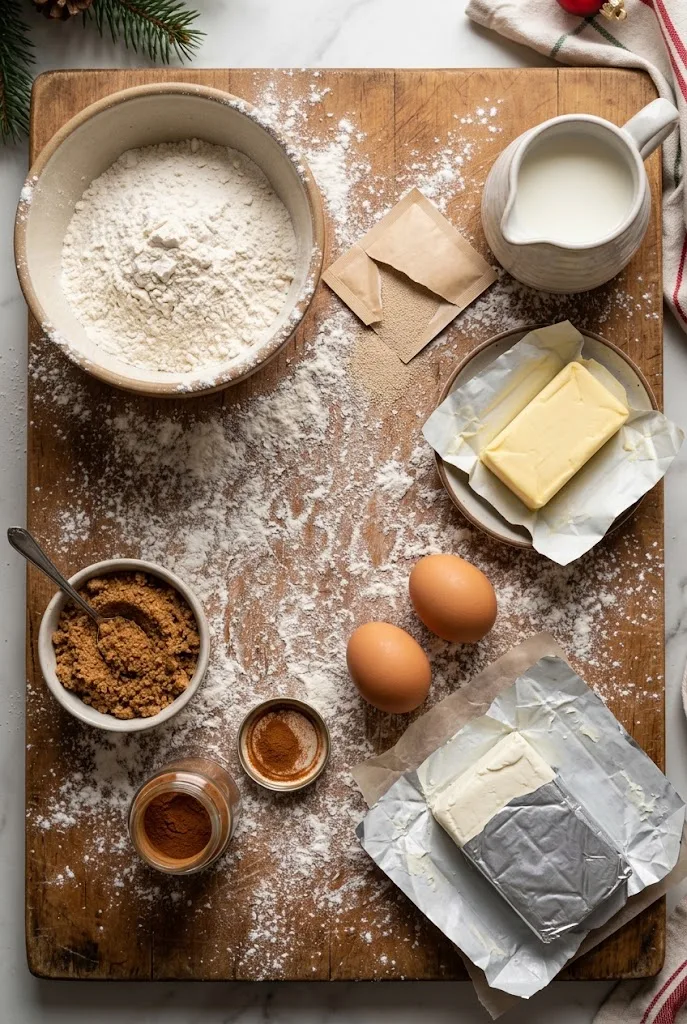 Flour, yeast, milk, butter, eggs, brown sugar, cinnamon and cream cheese, the ingredients for overnight cinnamon rolls