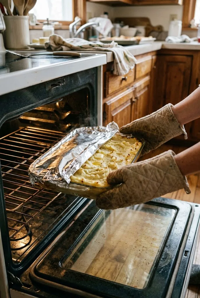 Hands sliding a foil-covered baking dish of mashed potatoes into the oven to reheat