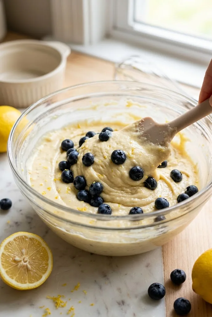 Spatula folding fresh blueberries into thick pale yellow lemon blueberry pound cake batter in a mixing bowl