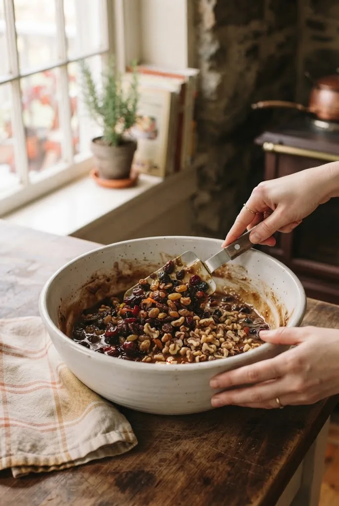 Folding soaked dried fruit and chopped walnuts into Christmas fruit cake batter with a spatula