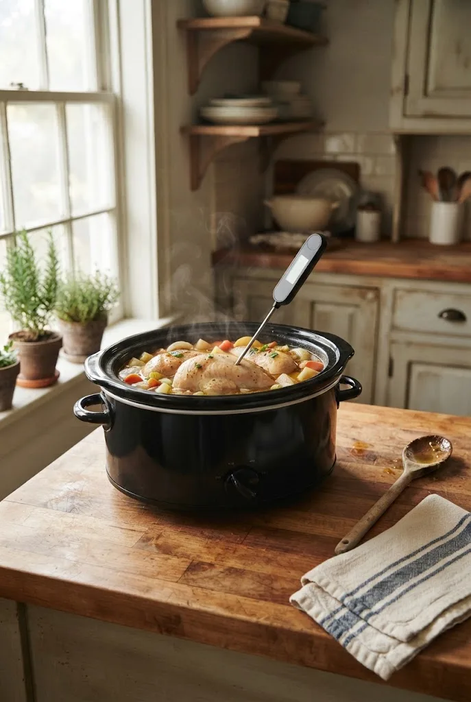 Digital food thermometer in a cooked chicken breast inside a slow cooker to check the safe temperature