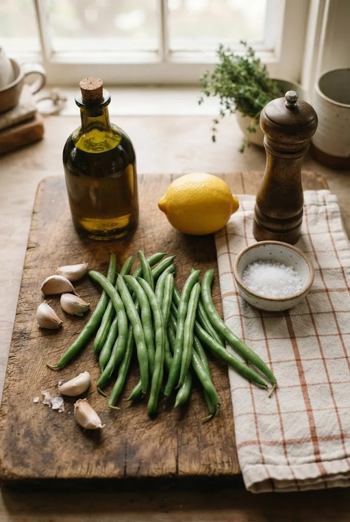 Fresh green beans, garlic, lemon, olive oil and kosher salt, the ingredients for roasted green beans