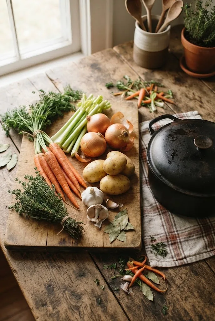 Carrots, celery, onions, potatoes, garlic and herbs on a counter ready for soup recipes
