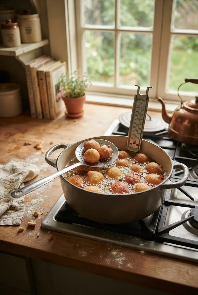 Golden snickerdoodle dough balls frying in hot oil in a pot with a slotted spoon