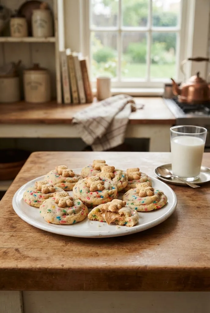 Stuffed cookie butter cookies with rainbow sprinkles and a Teddy Graham on top on a white plate