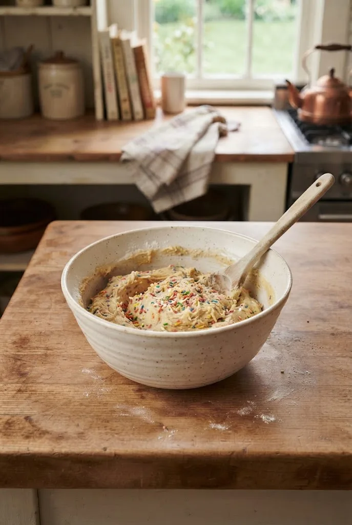 Funfetti cookie dough with rainbow sprinkles in a large mixing bowl with a wooden spoon