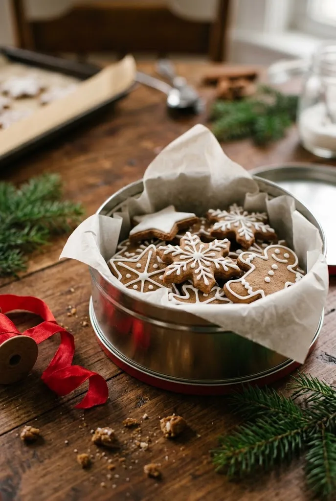 Holiday tin packed with iced gingerbread cookies and tied with a red ribbon as a homemade gift