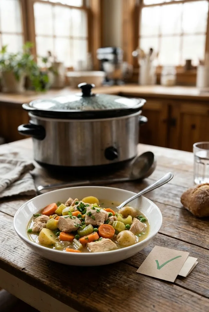 Gluten free slow cooker recipes: a bowl of chicken and vegetable soup with a slow cooker and a green check card on a wooden table