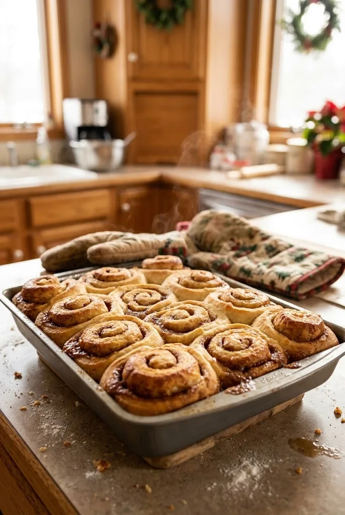 Golden baked cinnamon rolls fresh from the oven in a pan, before the cream cheese frosting goes on