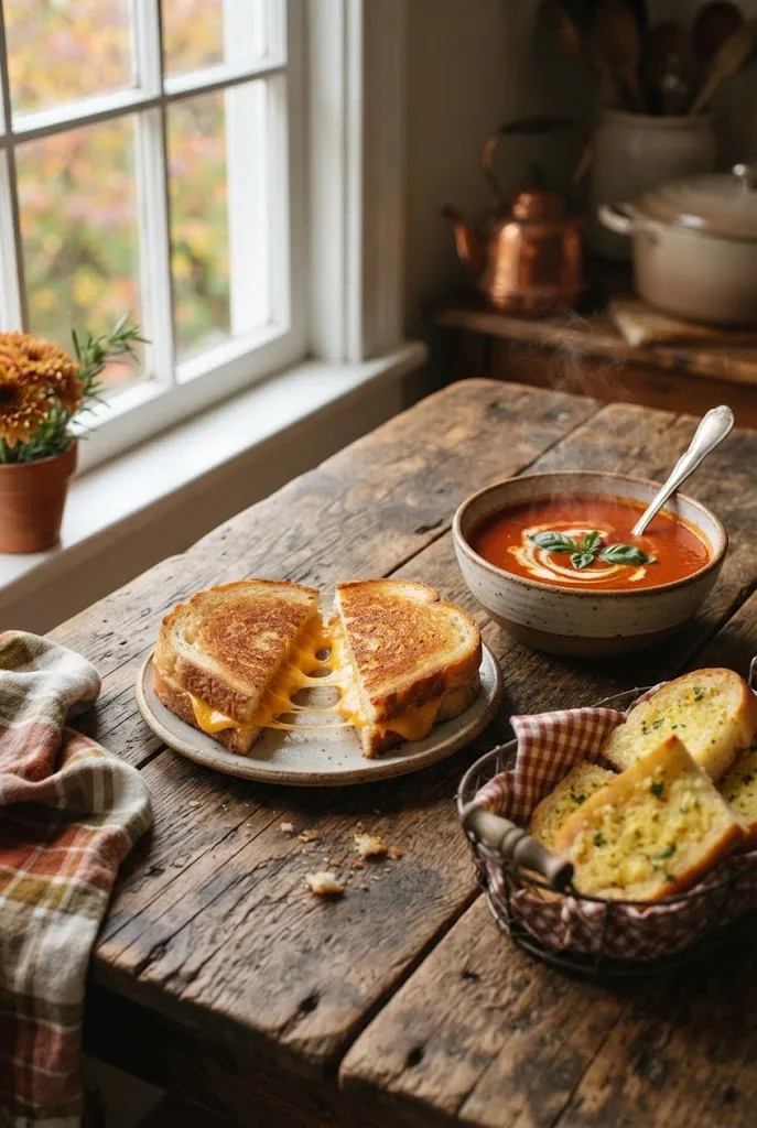Grilled cheese sandwich cut in half and garlic bread served with a bowl of soup on a wooden table