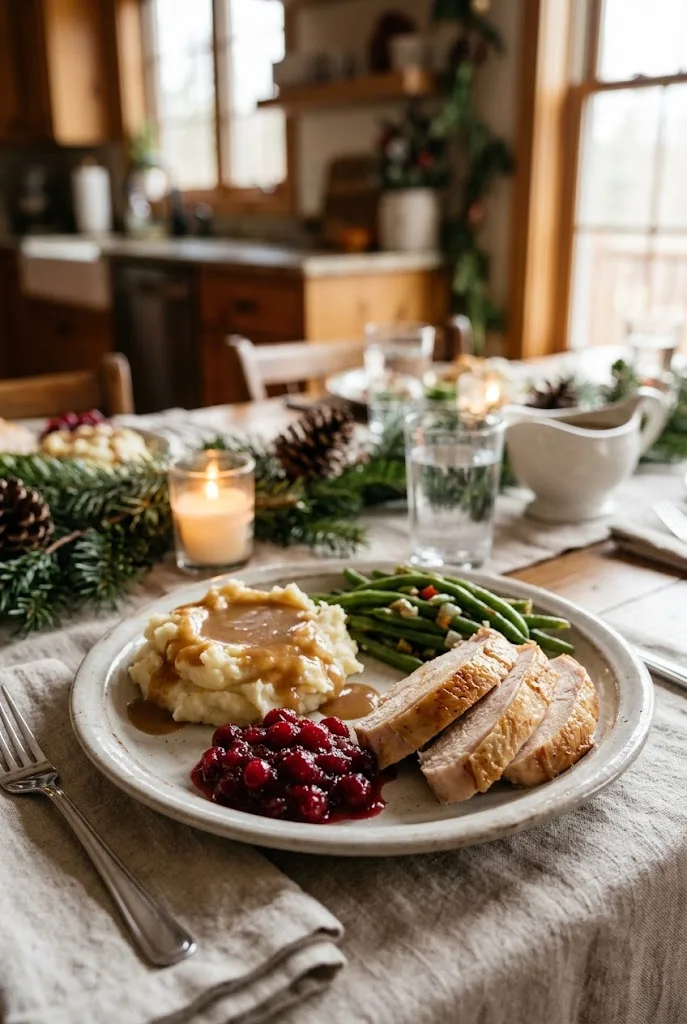 Holiday dinner plate with sliced turkey, mashed potatoes and gravy, green beans and cranberry sauce