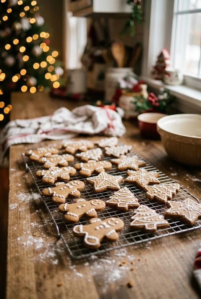 Iced gingerbread cookies shaped like men, stars and trees on a cooling rack with Christmas lights behind