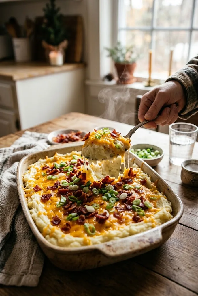 Loaded mashed potatoes topped with crispy bacon, shredded cheddar and green onions in a baking dish