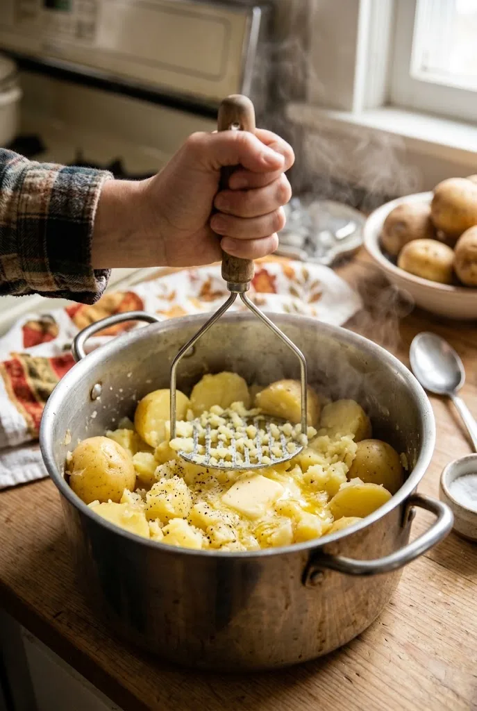 Hand mashing boiled Yukon Gold potatoes with a potato masher in a large pot to make mashed potatoes ahead