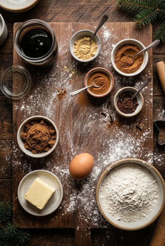 Molasses, ground ginger, cinnamon, cloves, brown sugar, butter and flour, the ingredients for gingerbread cookies