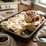 Pan of warm overnight cinnamon rolls covered in melting cream cheese frosting with one roll being lifted out