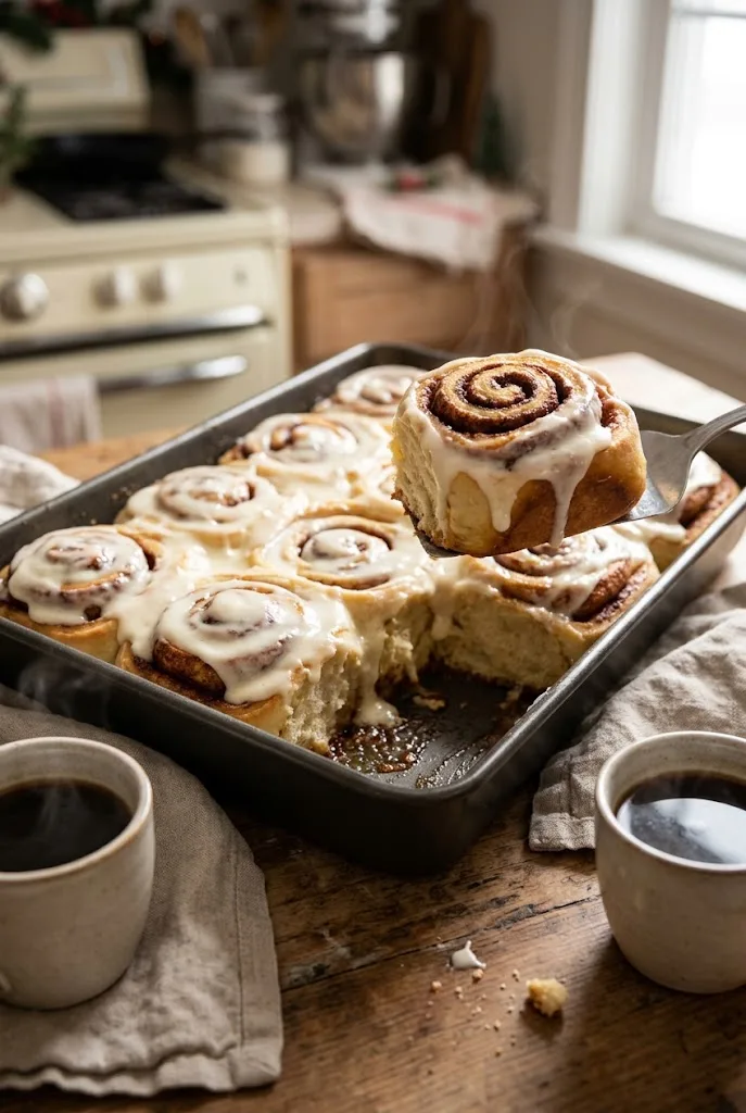 Pan of warm overnight cinnamon rolls covered in melting cream cheese frosting with one roll being lifted out