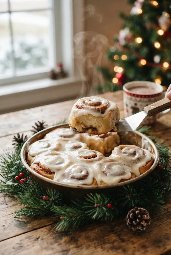 Pan of warm iced cinnamon rolls with a spatula lifting one roll, a Christmas breakfast favorite