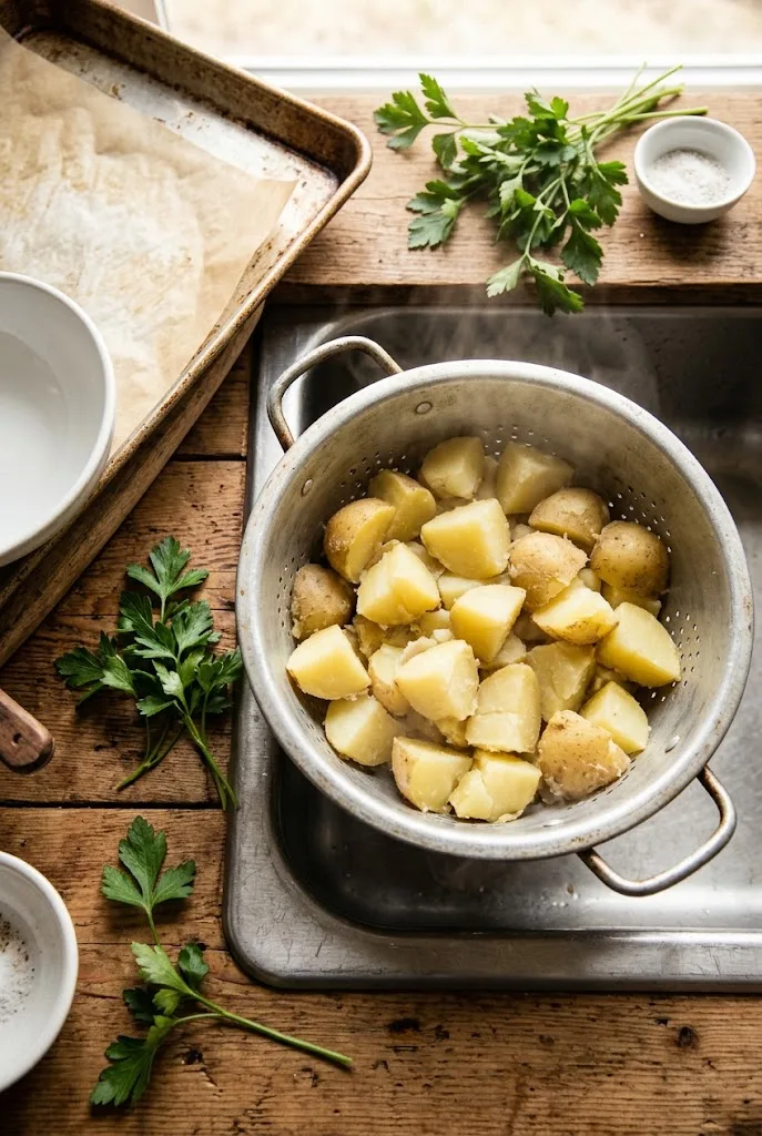 Boiled potato chunks with rough fuzzy edges steaming in a colander, ready to make crispy potatoes