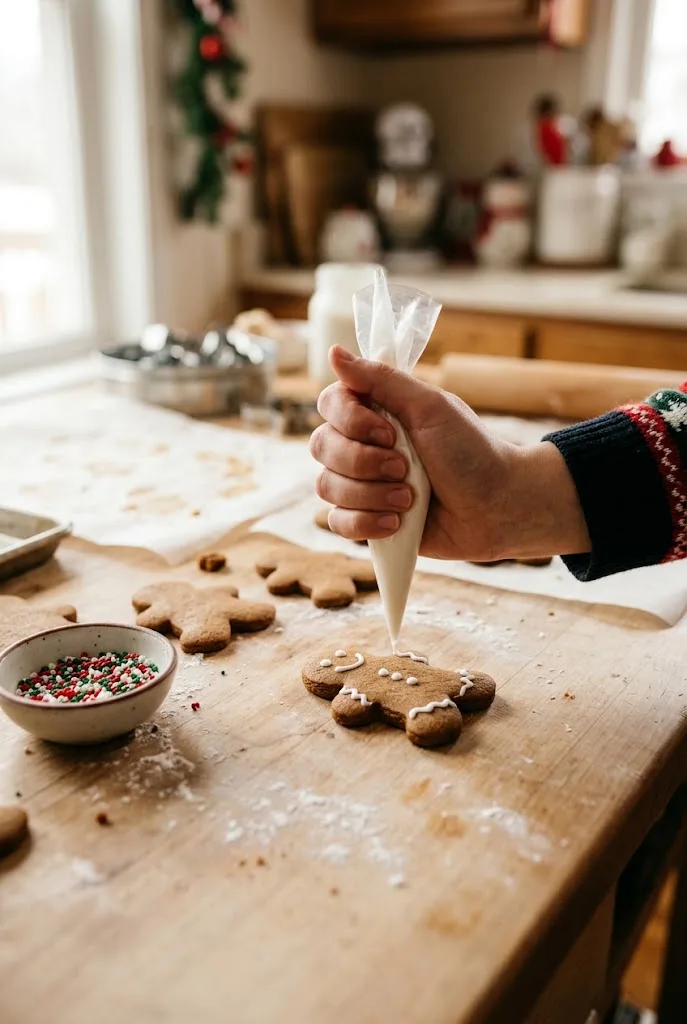 Piping white icing with a small bag onto a gingerbread man cookie while decorating gingerbread cookies