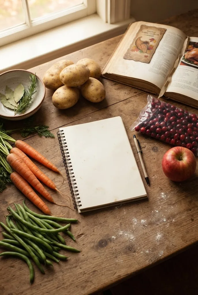 Kitchen counter with fresh vegetables, a notebook and cookbooks for planning a Thanksgiving menu