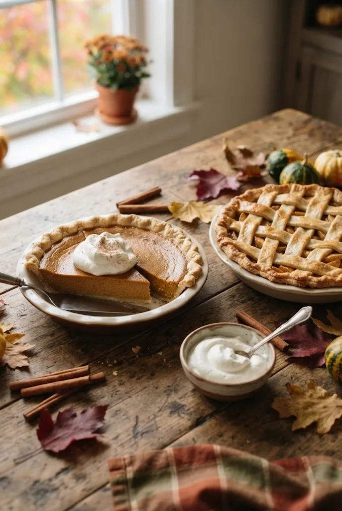 Sliced pumpkin pie and apple pie with whipped cream, desserts for a Thanksgiving menu