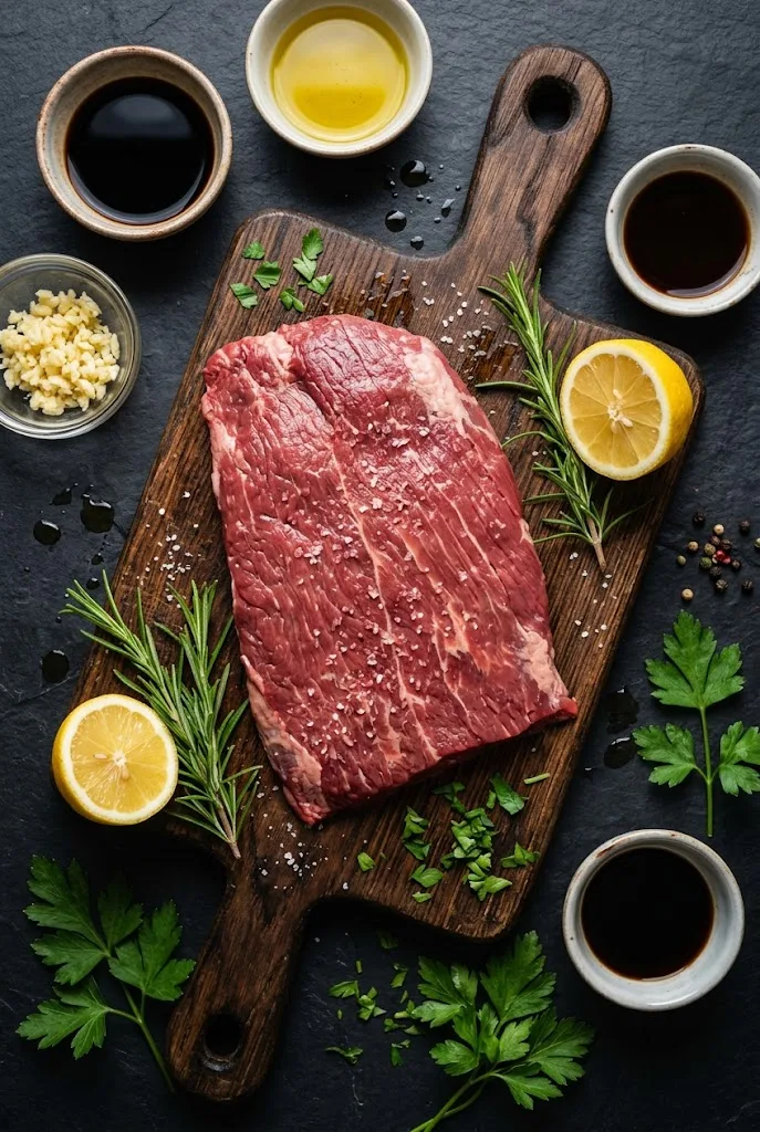 Raw flank steak with soy sauce, olive oil, garlic, rosemary and lemon, the ingredients for london broil steak