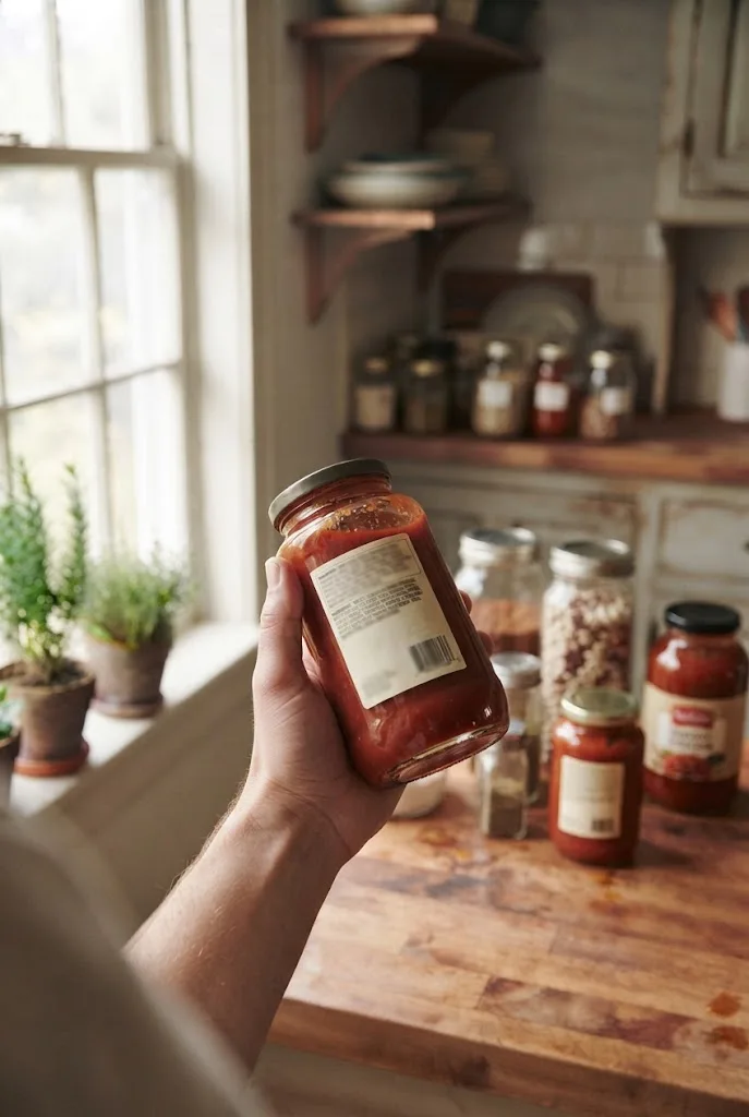 Hand holding a jar of sauce while reading the ingredient label in a kitchen before cooking