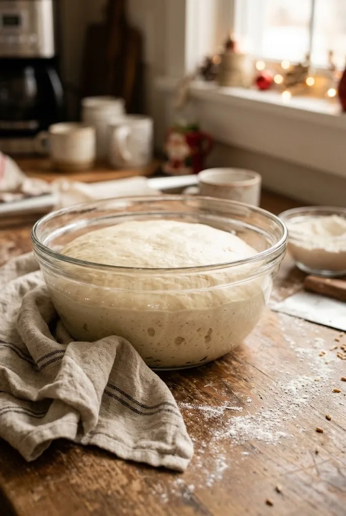 Soft cinnamon roll dough doubled in size in a large glass bowl after rising, ready for overnight cinnamon rolls