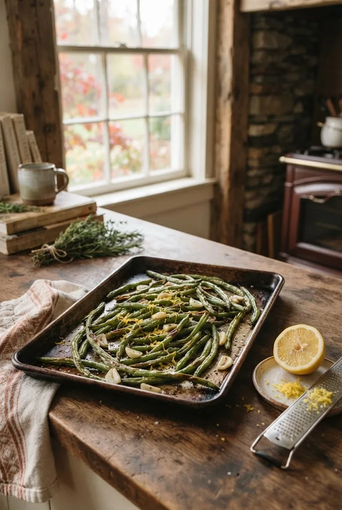 Roasted green beans finished with fresh lemon zest on a baking sheet, ready to serve