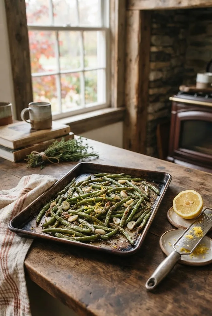 Roasted green beans with garlic and lemon zest on a dark baking sheet beside a lemon half and a grater