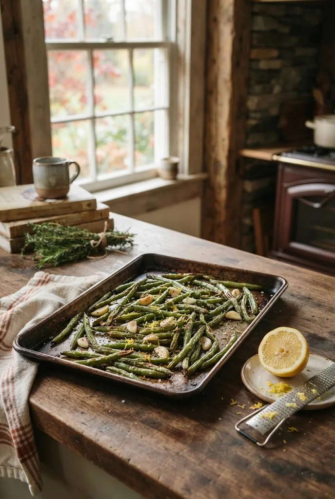 Roasted green beans with garlic and lemon zest on a sheet pan