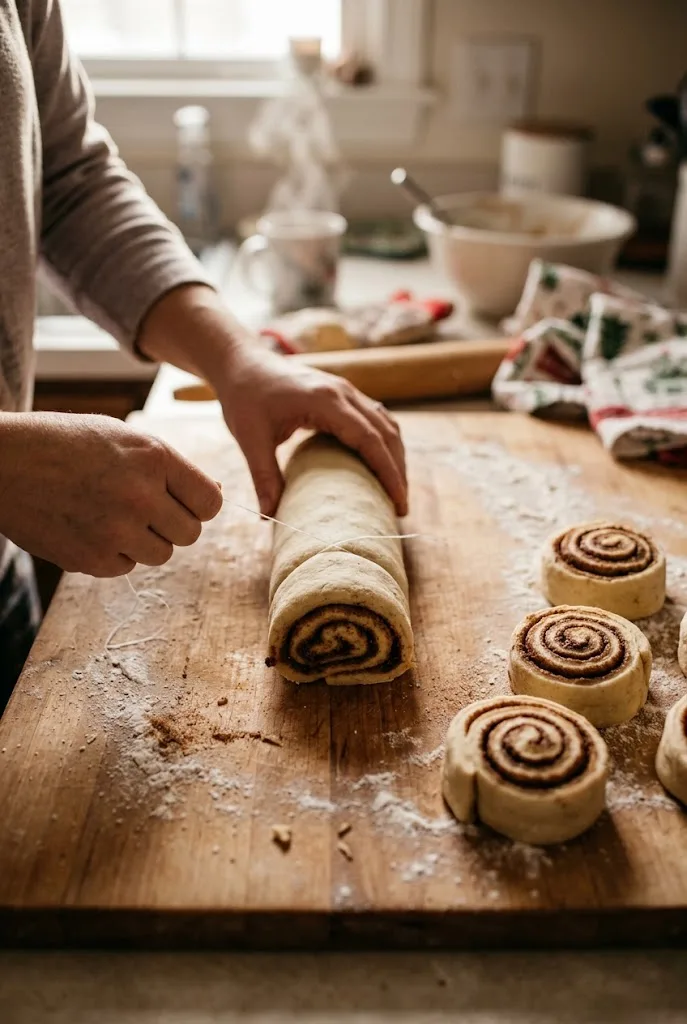 Rolled cinnamon roll log being cut into even slices with floss for overnight cinnamon rolls