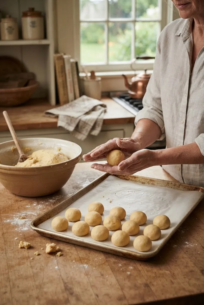 Hands rolling snickerdoodle popper dough into small balls on a parchment-lined tray