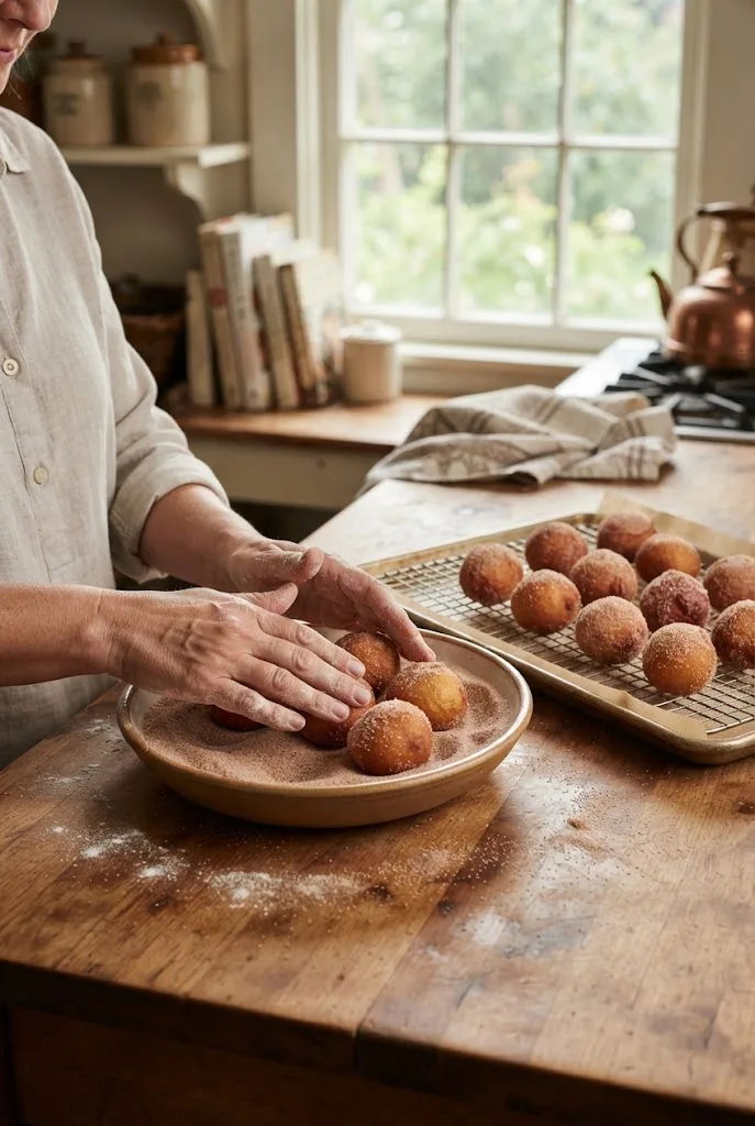 Rolling warm fried snickerdoodle poppers in a bowl of cinnamon sugar