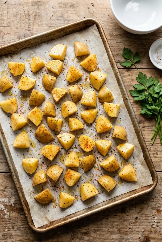 Oiled and seasoned potato chunks spread in a single layer on a sheet pan, ready to roast into crispy potatoes