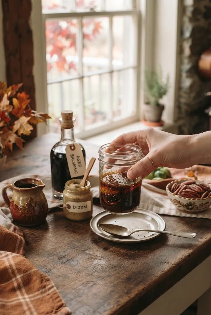 Hand shaking maple balsamic dressing in a glass jar for brussels sprout salad