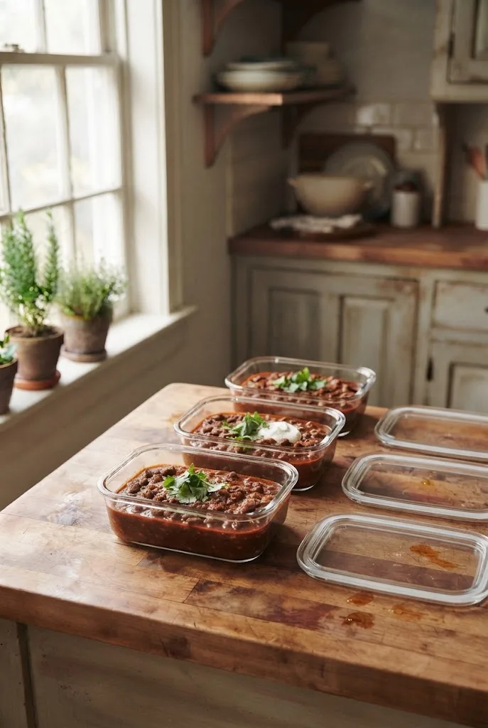 Leftover slow cooker chili in shallow covered containers ready for the refrigerator