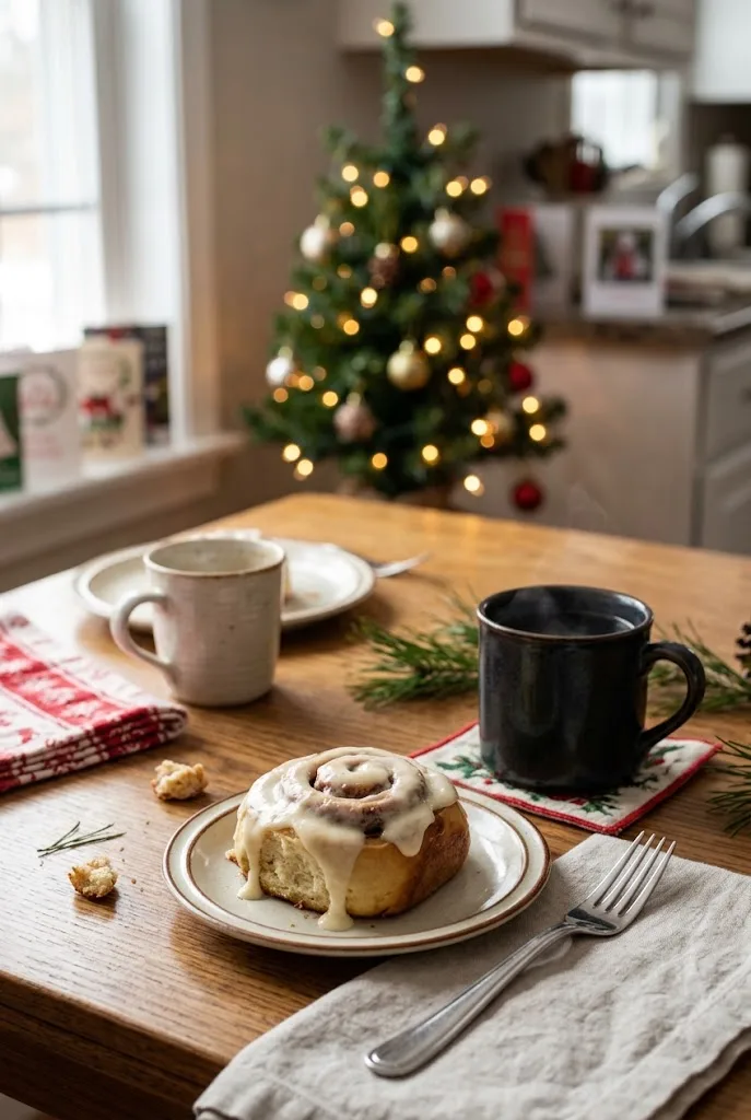 Single cinnamon roll on a plate with a fork and a cup of coffee on a Christmas morning table