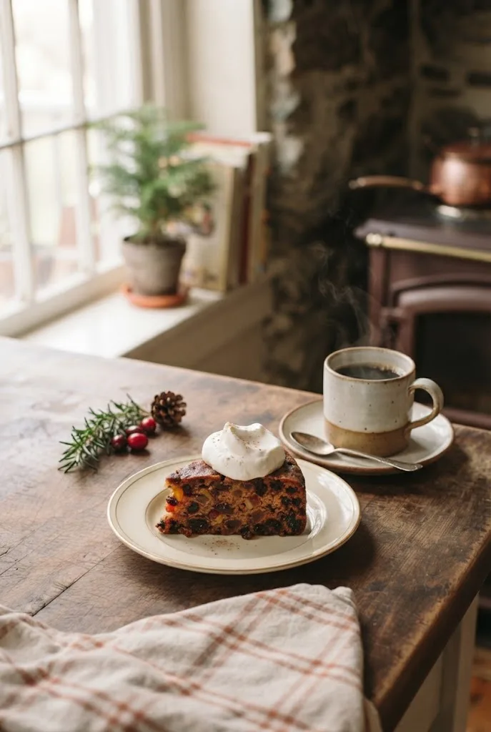 Slice of Christmas fruit cake with whipped cream beside a cup of coffee on a Christmas table
