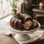Sliced Christmas fruit cake bundt studded with dried fruit and walnuts on a white cake stand