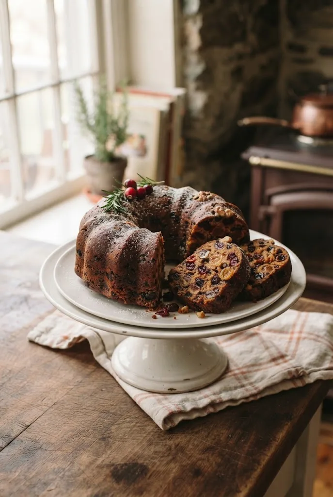 Sliced Christmas fruit cake bundt studded with dried fruit and walnuts on a white cake stand