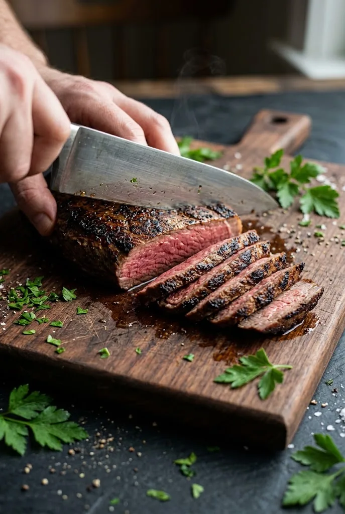 Chef knife slicing a cooked london broil steak thinly across the grain on a wooden cutting board