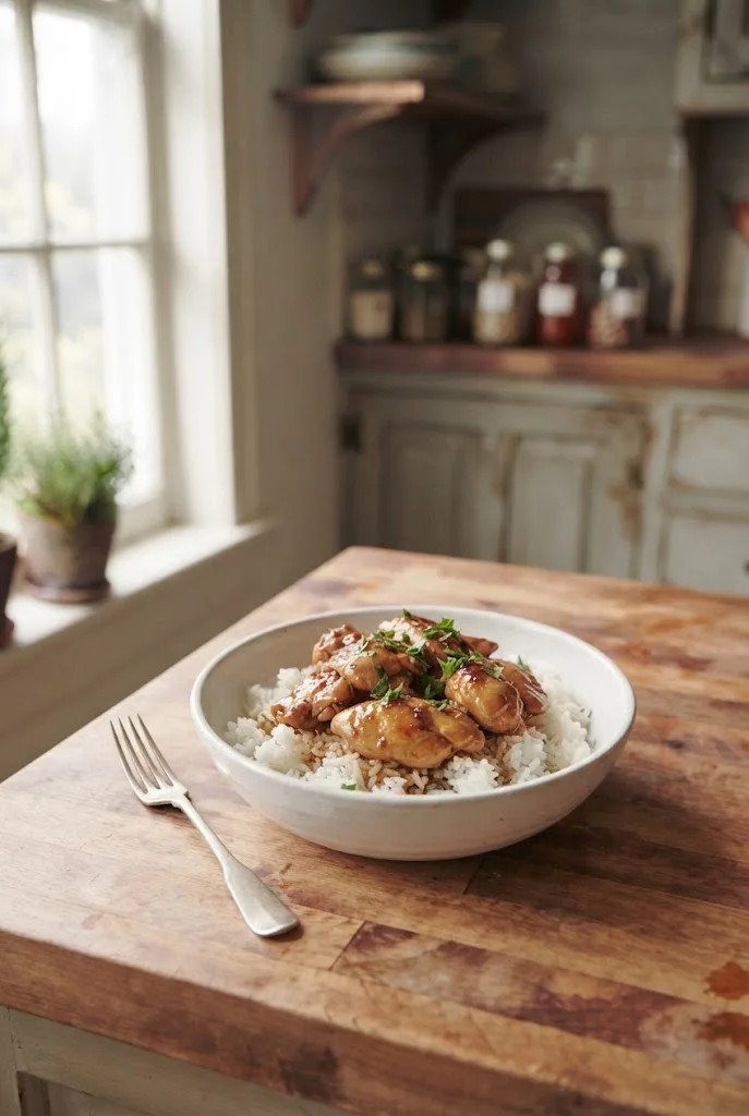 Slow cooker chicken in a glossy sauce served over rice in a white bowl