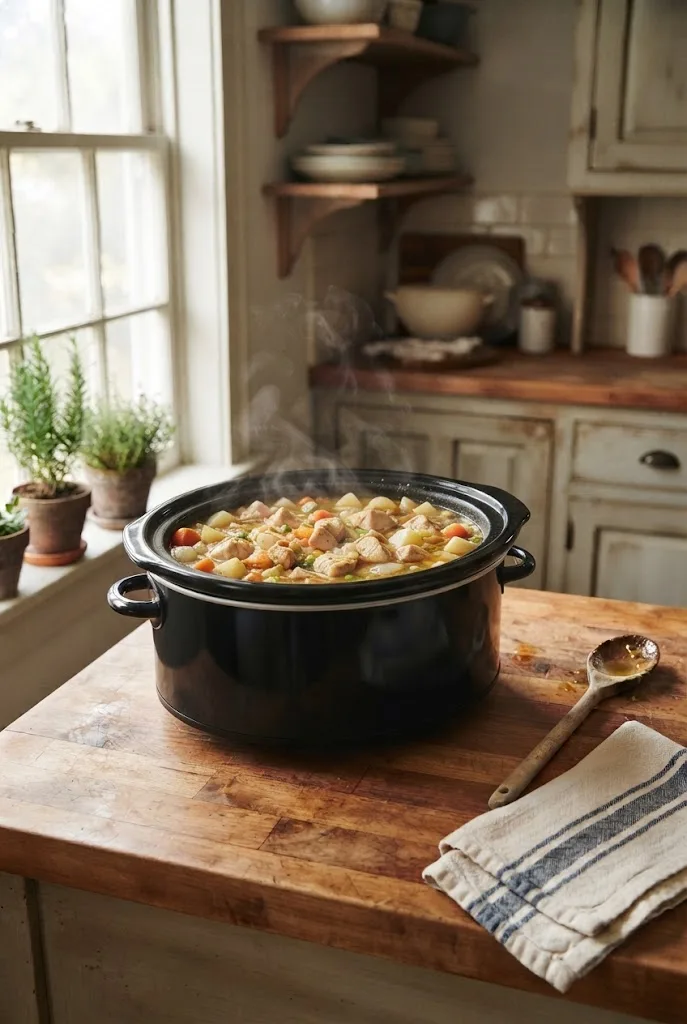 Slow cooker filled between half and two thirds full with vegetables, meat and broth